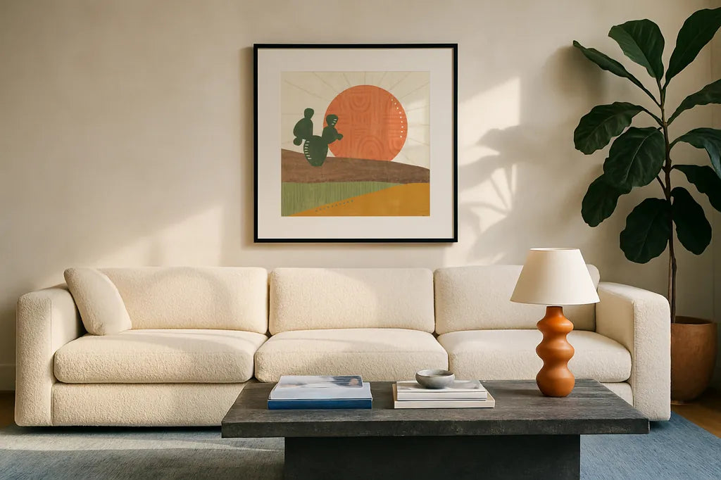 Cool Cacti VI by Veronique Charron. Displayed in a glass frame with matte in a clean modern living room. Available as an archival giclee rolled canvas, fine art paper, or poster print. SKU 87683a.