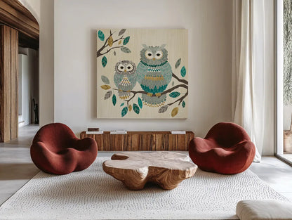 Cool Feathers I by Veronique Charron. Shown as extra-large giant wall art in a modern living room. Available as an archival giclee rolled canvas, fine art paper, or poster print. SKU 22540a.