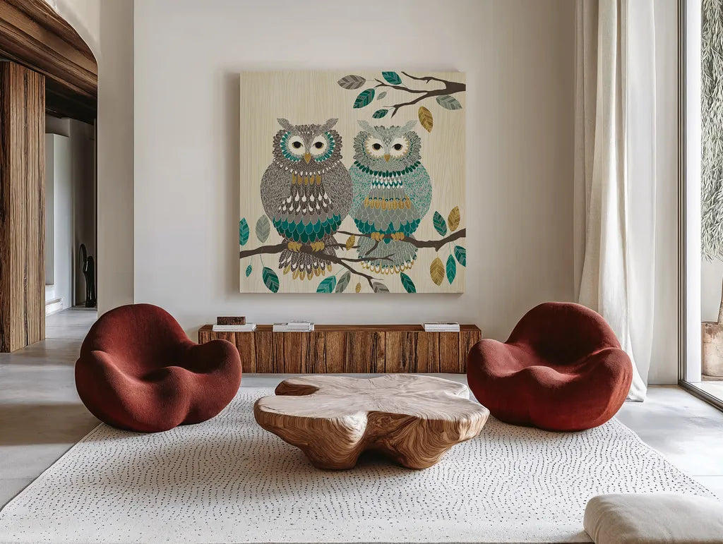Cool Feathers II by Veronique Charron. Shown as extra-large giant wall art in a modern living room. Available as an archival giclee rolled canvas, fine art paper, or poster print. SKU 22541a.