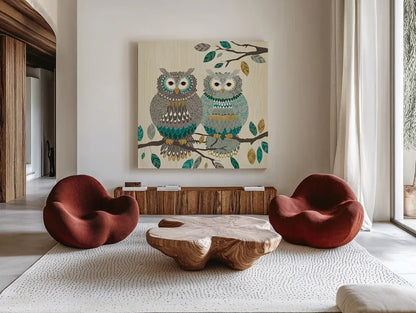 Cool Feathers II by Veronique Charron. Shown as extra-large giant wall art in a modern living room. Available as an archival giclee rolled canvas, fine art paper, or poster print. SKU 22541a.