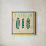 Cool Feathers III by Veronique Charron. Shown in a natural wood glass frame for a timeless modern aesthetic. Available as an archival giclee rolled canvas, fine art paper, or poster print. SKU 22542a.
