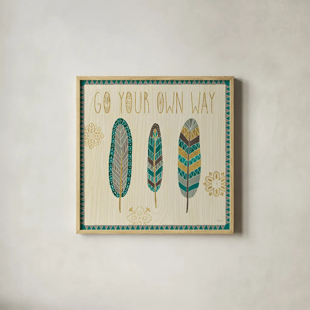 Cool Feathers III by Veronique Charron. Shown in a natural wood glass frame for a timeless modern aesthetic. Available as an archival giclee rolled canvas, fine art paper, or poster print. SKU 22542a.