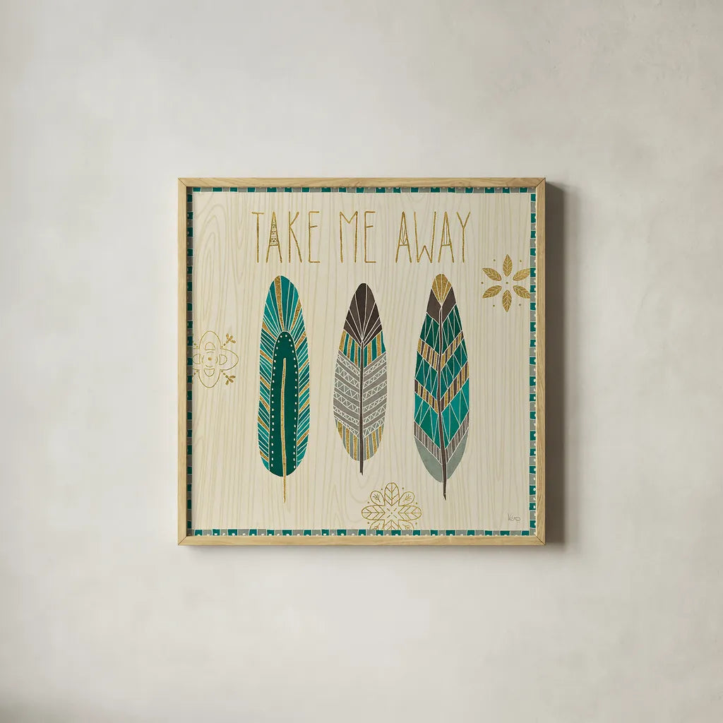 Cool Feathers IV by Veronique Charron. Shown in a natural wood glass frame for a timeless modern aesthetic. Available as an archival giclee rolled canvas, fine art paper, or poster print. SKU 22543a.