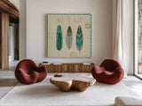 Cool Feathers IV by Veronique Charron. Shown as extra-large giant wall art in a modern living room. Available as an archival giclee rolled canvas, fine art paper, or poster print. SKU 22543a.