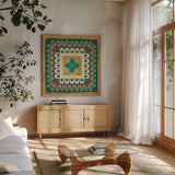 Cool Feathers Tiles I by Veronique Charron. Shown in a natural wood frame in a cozy modern living room. Available as an archival giclee rolled canvas, fine art paper, or poster print. SKU 22544a.