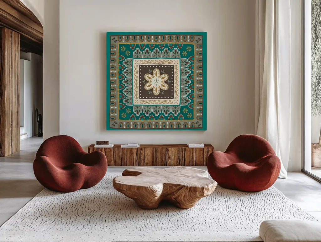 Cool Feathers Tiles II by Veronique Charron. Shown as extra-large giant wall art in a modern living room. Available as an archival giclee rolled canvas, fine art paper, or poster print. SKU 22545a.