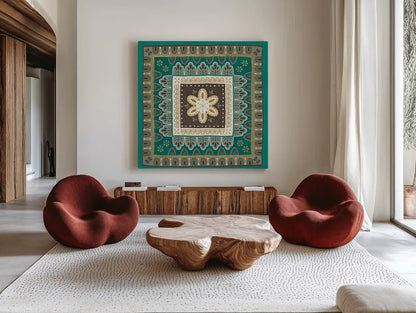 Cool Feathers Tiles II by Veronique Charron. Shown as extra-large giant wall art in a modern living room. Available as an archival giclee rolled canvas, fine art paper, or poster print. SKU 22545a.