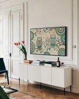 Cool Feathers V by Veronique Charron. shown as a framed stretched canvas in a living room above a console. Available as a archival giclee rolled canvas, fine art paper, or poster print. SKU 22548i.