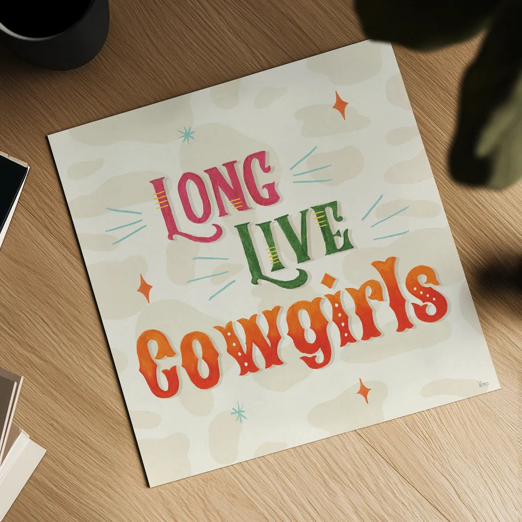 Cowgirl Club V by Veronique Charron. Shown as a detailed flat fine art print, highlighting archival giclee quality. Available as an archival giclee rolled canvas, fine art paper, or poster print. SKU 92437a.