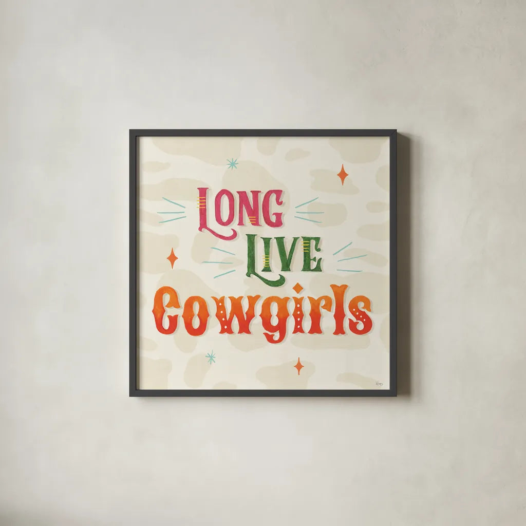 Cowgirl Club V by Veronique Charron. Shown in a sleek black glass frame for a contemporary gallery look. Available as an archival giclee rolled canvas, fine art paper, or poster print. SKU 92437a.