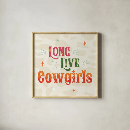 Cowgirl Club V by Veronique Charron. Shown in a natural wood glass frame for a timeless modern aesthetic. Available as an archival giclee rolled canvas, fine art paper, or poster print. SKU 92437a.