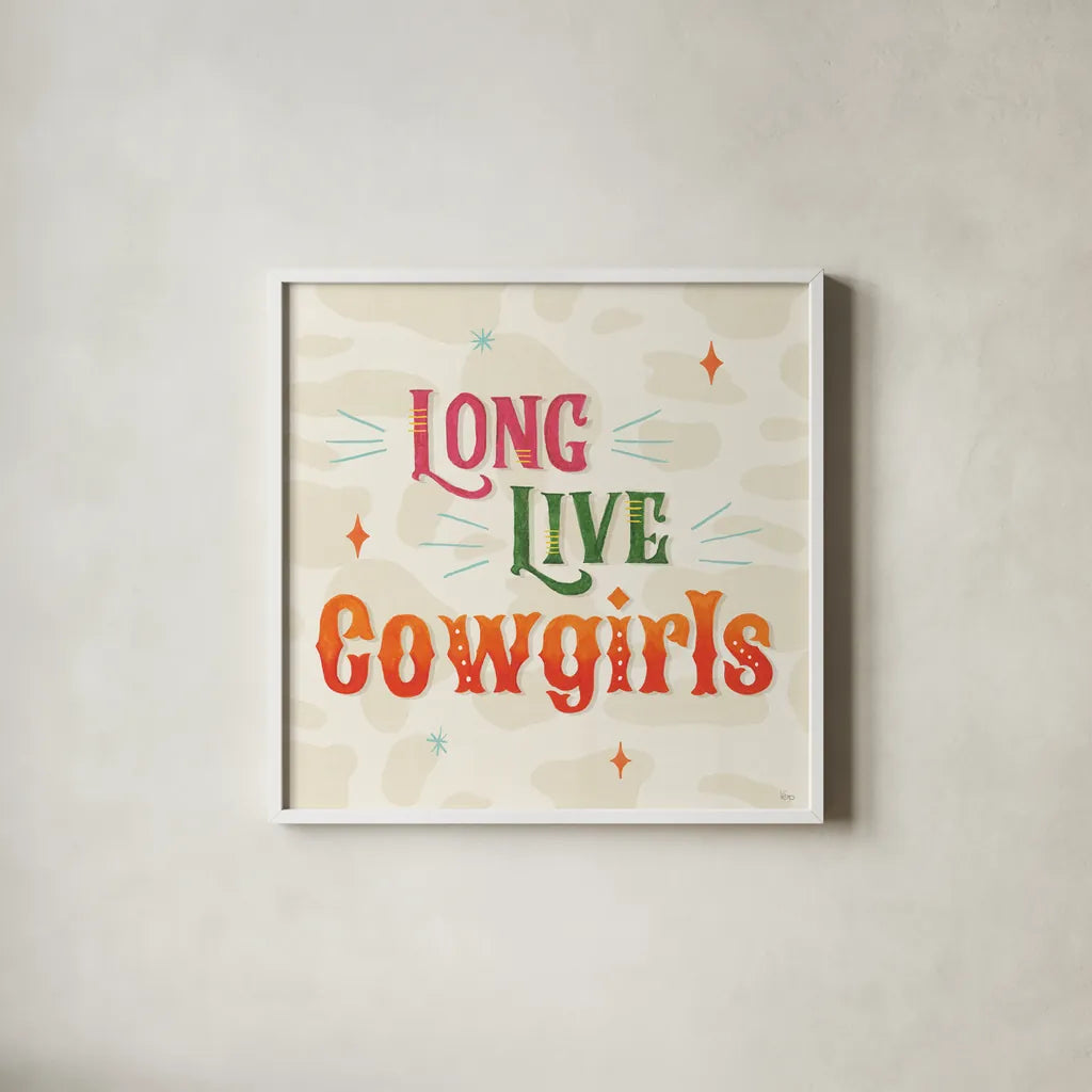 Cowgirl Club V by Veronique Charron. Shown in a crisp white glass frame for a clean and minimalist style. Available as an archival giclee rolled canvas, fine art paper, or poster print. SKU 92437a.