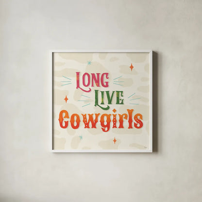 Cowgirl Club V by Veronique Charron. Shown in a crisp white glass frame for a clean and minimalist style. Available as an archival giclee rolled canvas, fine art paper, or poster print. SKU 92437a.
