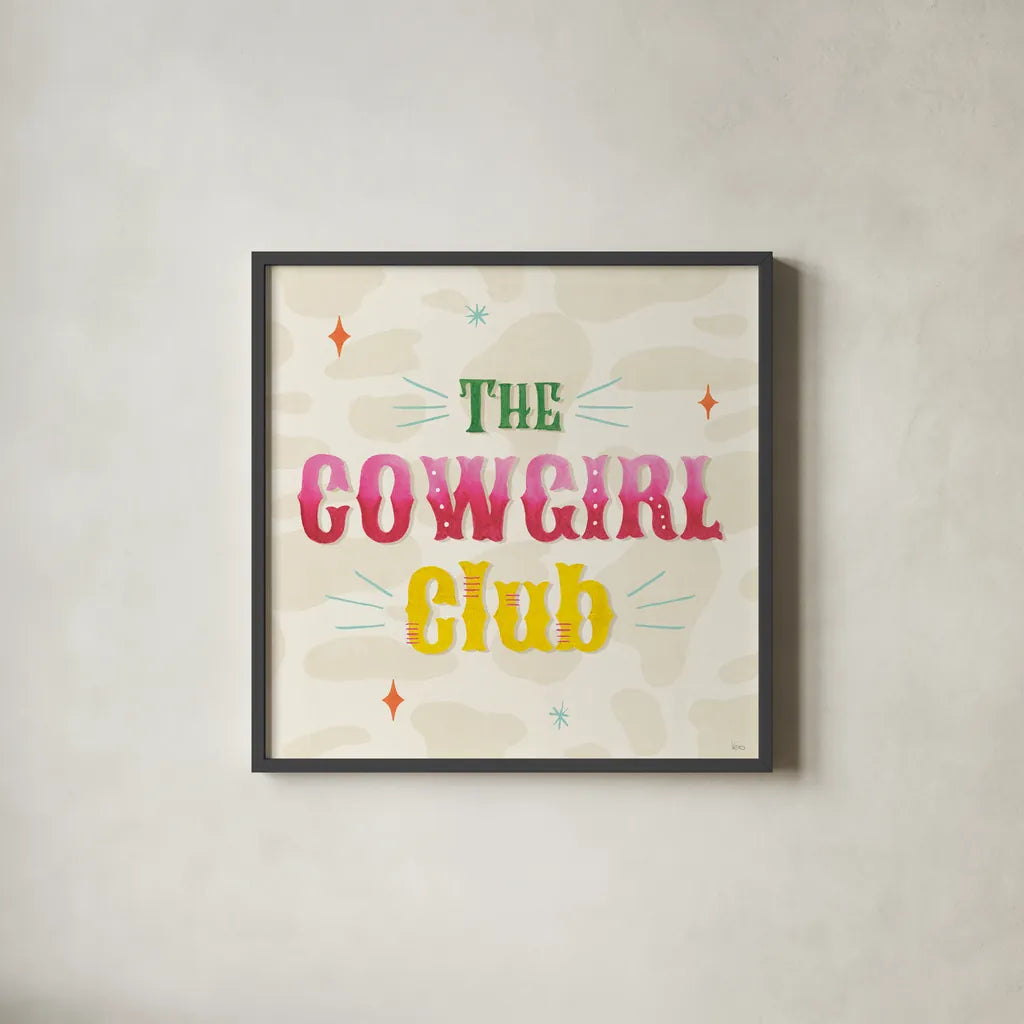 Cowgirl Club VI by Veronique Charron. Shown in a sleek black glass frame for a contemporary gallery look. Available as an archival giclee rolled canvas, fine art paper, or poster print. SKU 92438a.