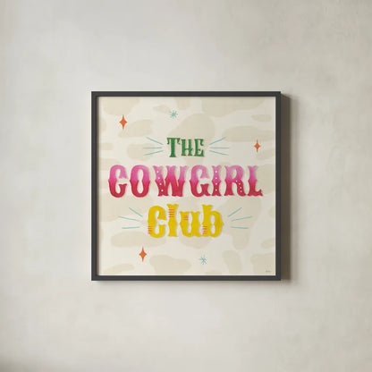 Cowgirl Club VI by Veronique Charron. Shown in a sleek black glass frame for a contemporary gallery look. Available as an archival giclee rolled canvas, fine art paper, or poster print. SKU 92438a.