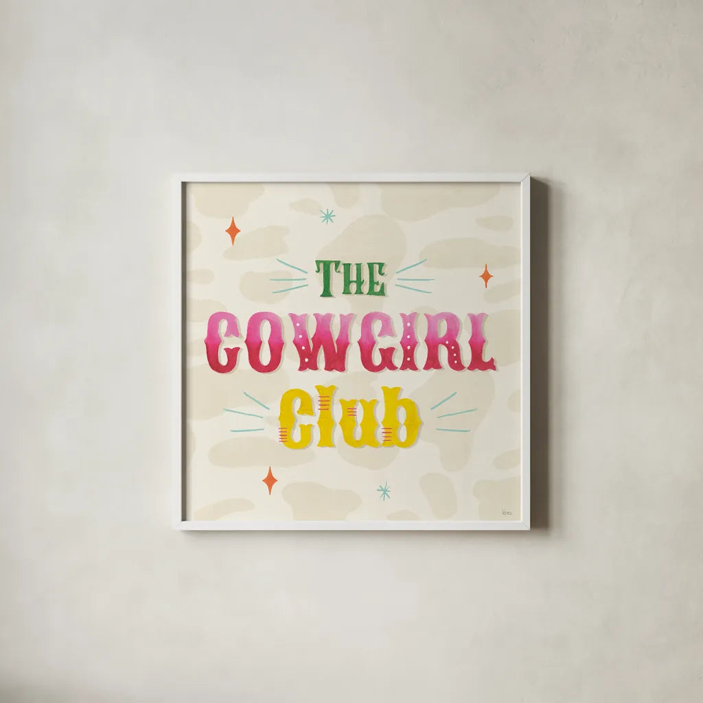 Cowgirl Club VI by Veronique Charron. Shown in a crisp white glass frame for a clean and minimalist style. Available as an archival giclee rolled canvas, fine art paper, or poster print. SKU 92438a.