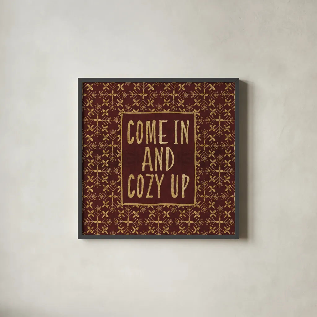 Cozy Up by Veronique Charron. Shown in a sleek black glass frame for a contemporary gallery look. Available as an archival giclee rolled canvas, fine art paper, or poster print. SKU 51143a.