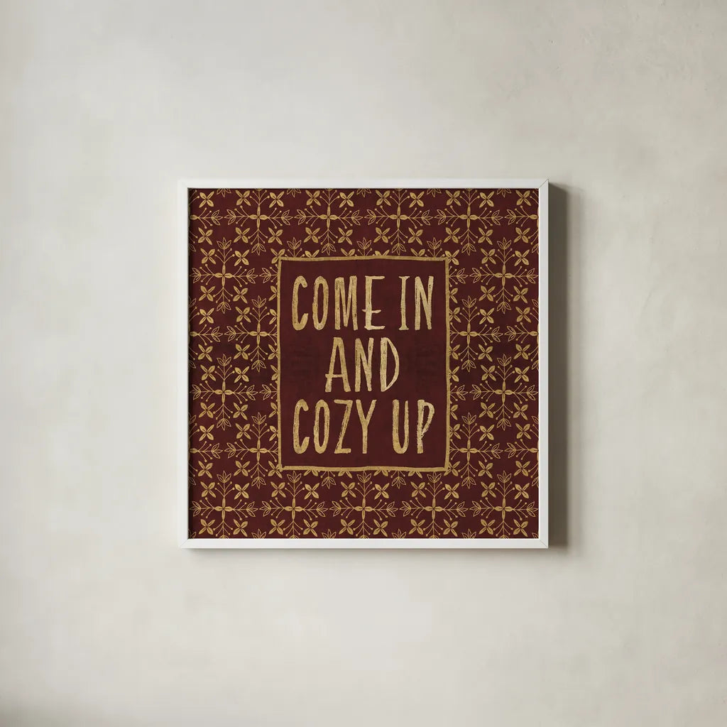 Cozy Up by Veronique Charron. Shown in a crisp white glass frame for a clean and minimalist style. Available as an archival giclee rolled canvas, fine art paper, or poster print. SKU 51143a.