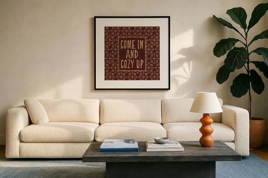 Cozy Up by Veronique Charron. Displayed in a glass frame with matte in a clean modern living room. Available as an archival giclee rolled canvas, fine art paper, or poster print. SKU 51143a.
