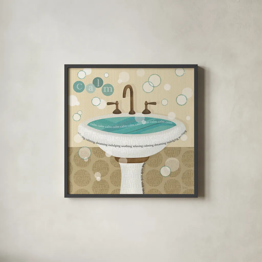 Dancing Bubbles I by Veronique Charron. Shown in a sleek black glass frame for a contemporary gallery look. Available as an archival giclee rolled canvas, fine art paper, or poster print. SKU 8377a.