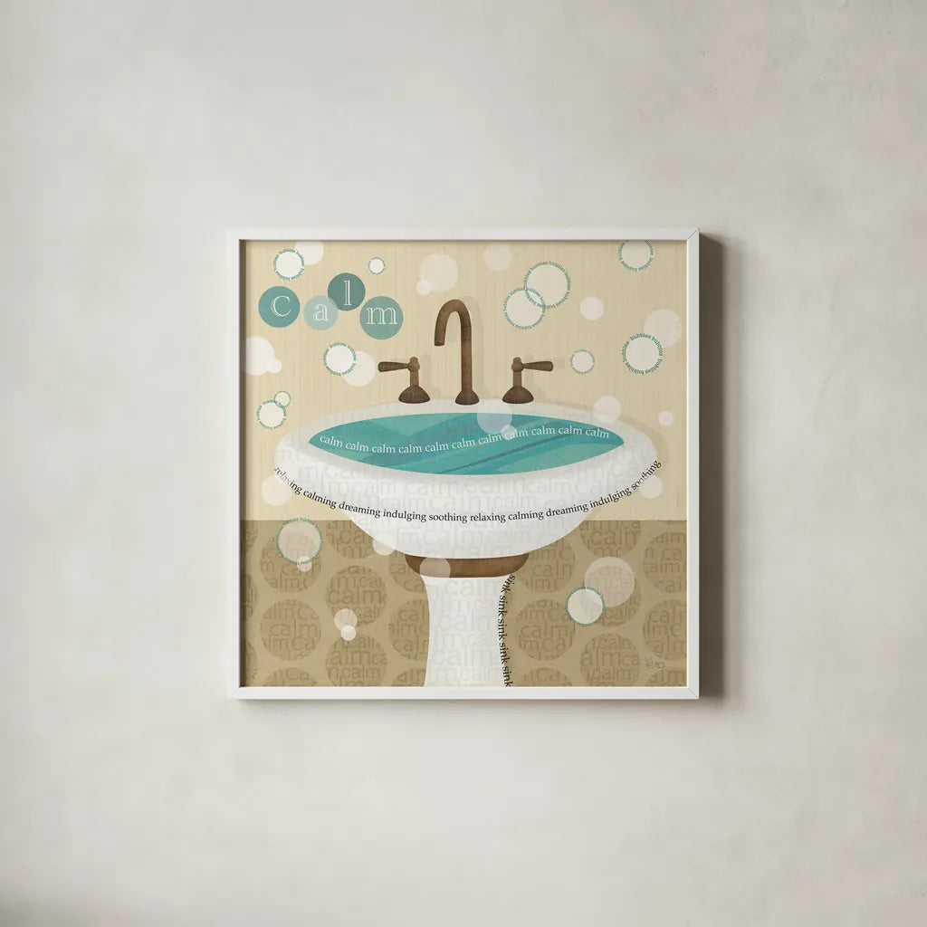 Dancing Bubbles I by Veronique Charron. Shown in a crisp white glass frame for a clean and minimalist style. Available as an archival giclee rolled canvas, fine art paper, or poster print. SKU 8377a.