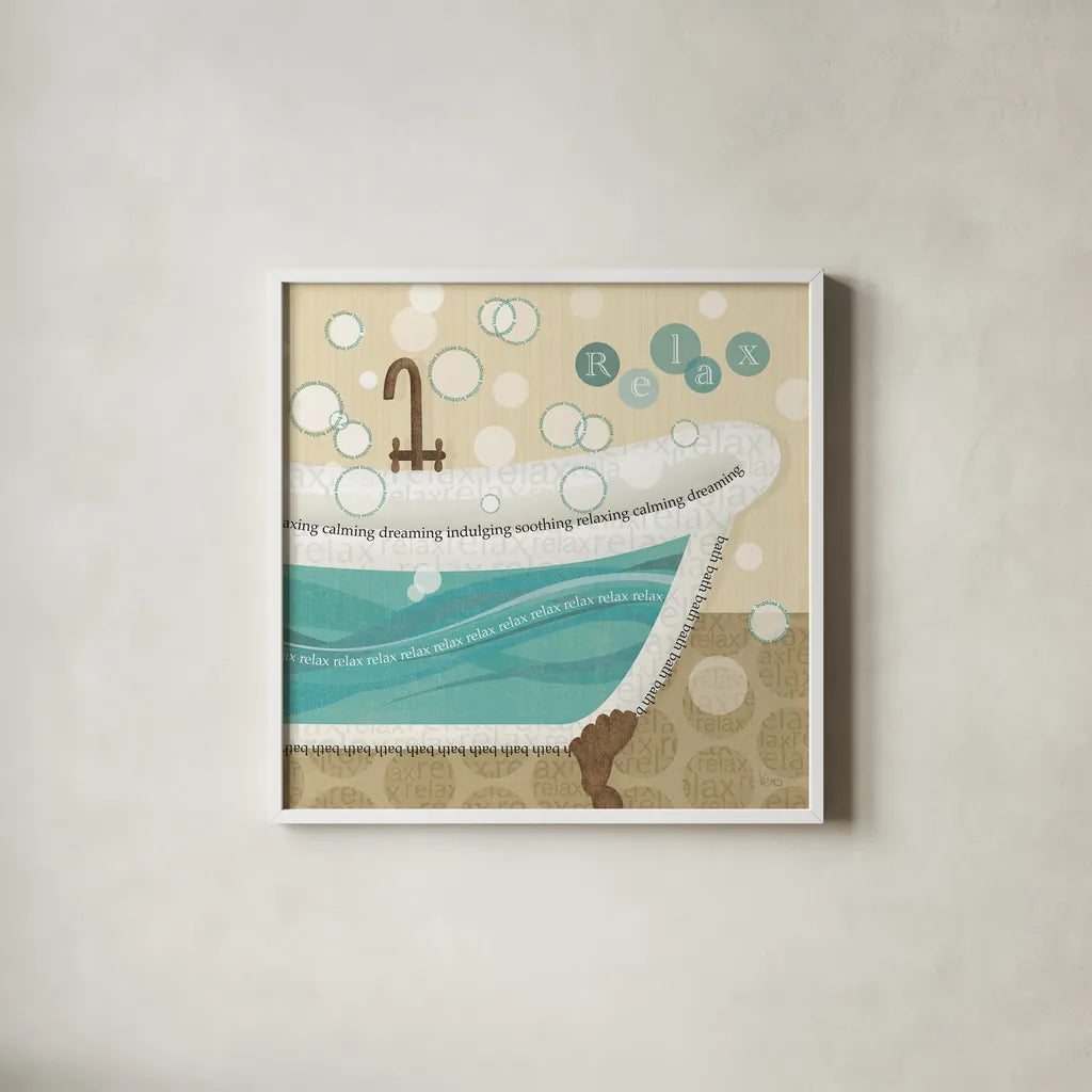 Dancing Bubbles II by Veronique Charron. Shown in a crisp white glass frame for a clean and minimalist style. Available as an archival giclee rolled canvas, fine art paper, or poster print. SKU 8378a.
