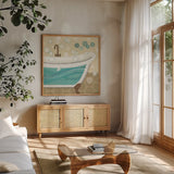 Dancing Bubbles II by Veronique Charron. Shown in a natural wood frame in a cozy modern living room. Available as an archival giclee rolled canvas, fine art paper, or poster print. SKU 8378a.
