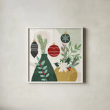 Deco Holiday II by Veronique Charron. Shown in a crisp white glass frame for a clean and minimalist style. Available as an archival giclee rolled canvas, fine art paper, or poster print. SKU 83332a.