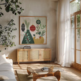 Deco Holiday II by Veronique Charron. Shown in a natural wood frame in a cozy modern living room. Available as an archival giclee rolled canvas, fine art paper, or poster print. SKU 83332a.