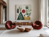Deco Holiday II by Veronique Charron. Shown as extra-large giant wall art in a modern living room. Available as an archival giclee rolled canvas, fine art paper, or poster print. SKU 83332a.