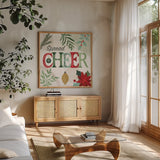 Deco Holiday IV by Veronique Charron. Shown in a natural wood frame in a cozy modern living room. Available as an archival giclee rolled canvas, fine art paper, or poster print. SKU 83334a.