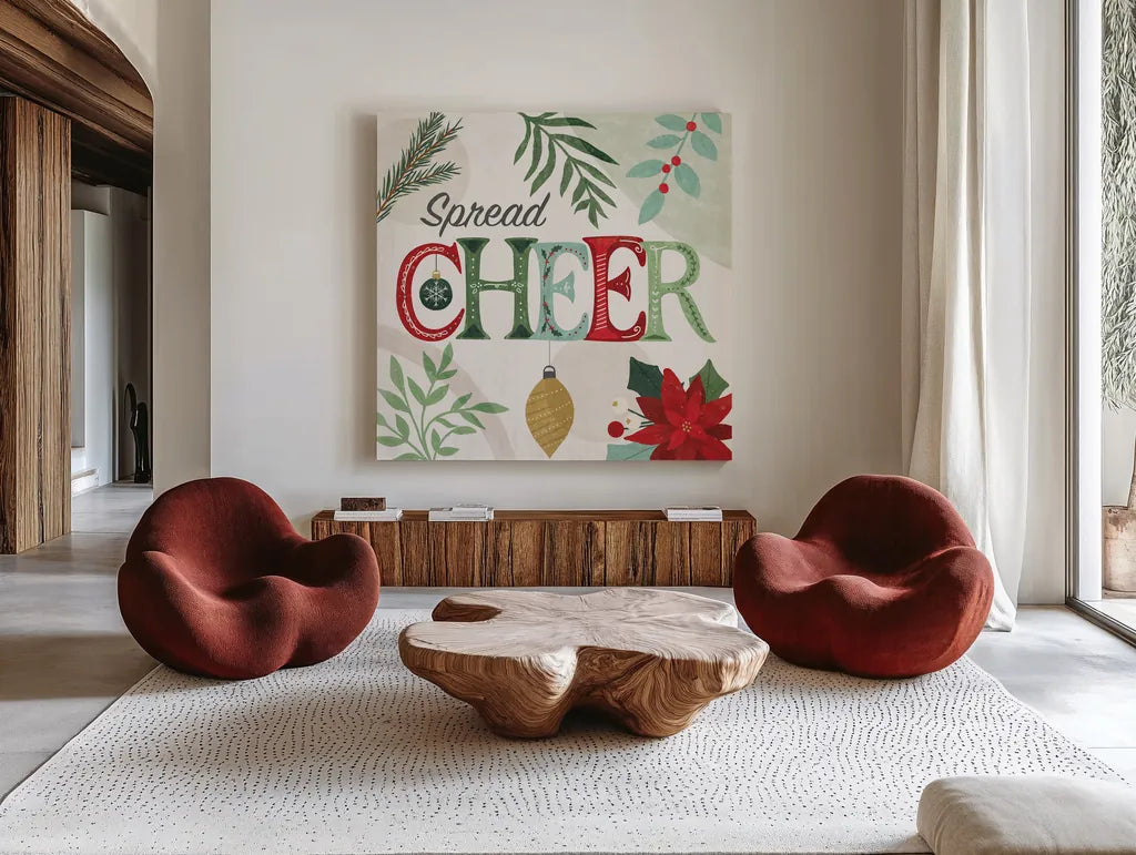 Deco Holiday IV by Veronique Charron. Shown as extra-large giant wall art in a modern living room. Available as an archival giclee rolled canvas, fine art paper, or poster print. SKU 83334a.