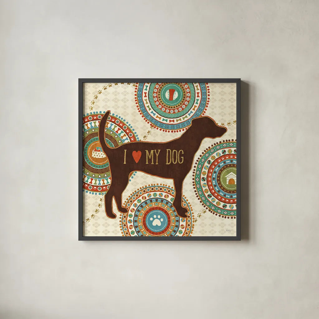 Dogs Life I by Veronique Charron. Shown in a sleek black glass frame for a contemporary gallery look. Available as an archival giclee rolled canvas, fine art paper, or poster print. SKU 24753a.