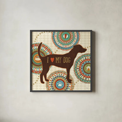 Dogs Life I by Veronique Charron. Shown in a sleek black glass frame for a contemporary gallery look. Available as an archival giclee rolled canvas, fine art paper, or poster print. SKU 24753a.