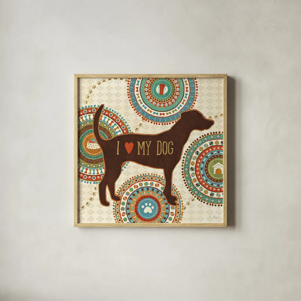 Dogs Life I by Veronique Charron. Shown in a natural wood glass frame for a timeless modern aesthetic. Available as an archival giclee rolled canvas, fine art paper, or poster print. SKU 24753a.