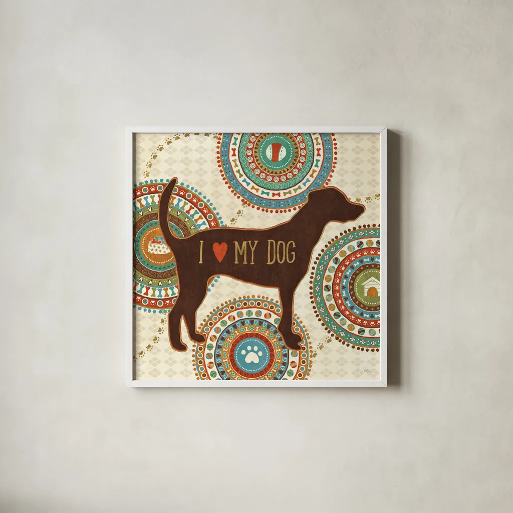 Dogs Life I by Veronique Charron. Shown in a crisp white glass frame for a clean and minimalist style. Available as an archival giclee rolled canvas, fine art paper, or poster print. SKU 24753a.