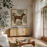 Dogs Life I by Veronique Charron. Shown in a natural wood frame in a cozy modern living room. Available as an archival giclee rolled canvas, fine art paper, or poster print. SKU 24753a.