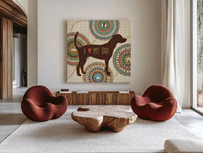 Dogs Life I by Veronique Charron. Shown as extra-large giant wall art in a modern living room. Available as an archival giclee rolled canvas, fine art paper, or poster print. SKU 24753a.