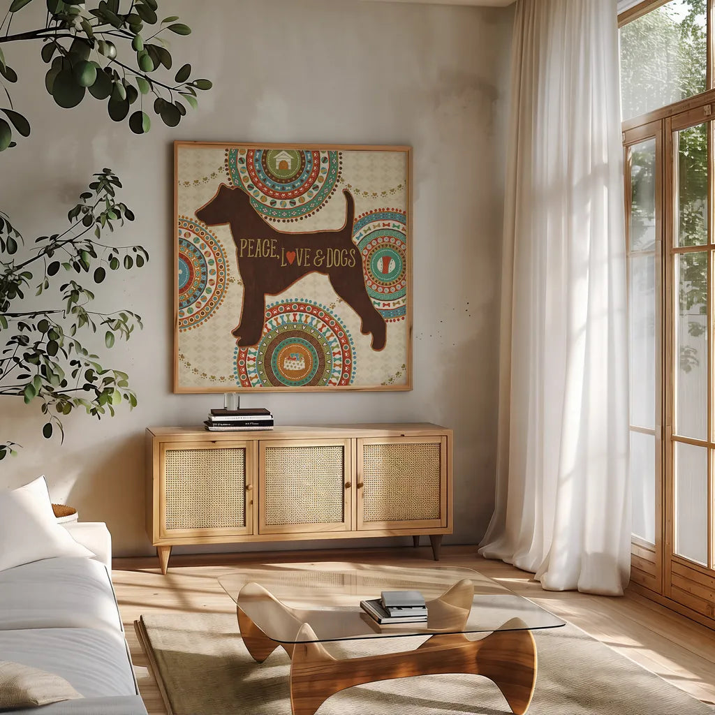 Dogs Life II by Veronique Charron. Shown in a natural wood frame in a cozy modern living room. Available as an archival giclee rolled canvas, fine art paper, or poster print. SKU 24754a.