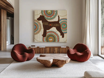 Dogs Life II by Veronique Charron. Shown as extra-large giant wall art in a modern living room. Available as an archival giclee rolled canvas, fine art paper, or poster print. SKU 24754a.