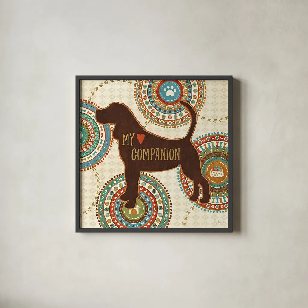 Dogs Life III by Veronique Charron. Shown in a sleek black glass frame for a contemporary gallery look. Available as an archival giclee rolled canvas, fine art paper, or poster print. SKU 24755a.