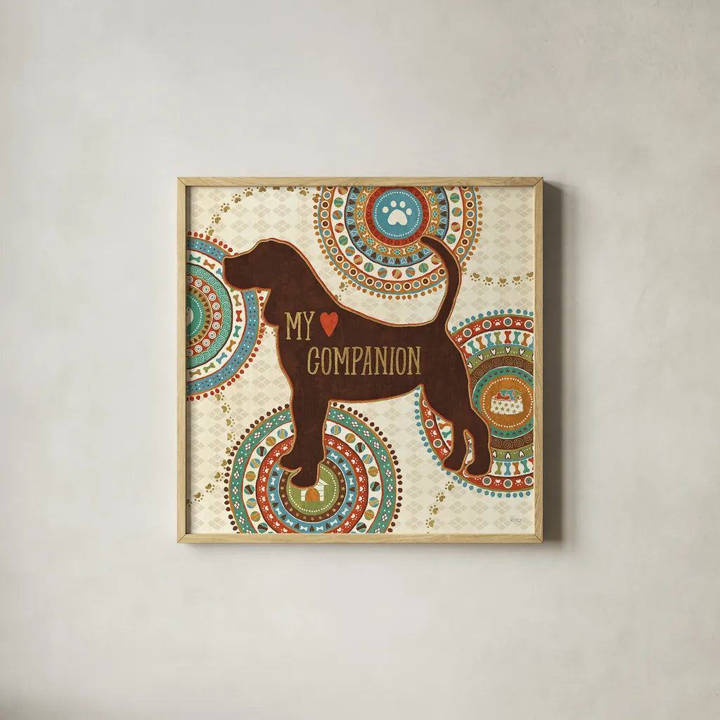 Dogs Life III by Veronique Charron. Shown in a natural wood glass frame for a timeless modern aesthetic. Available as an archival giclee rolled canvas, fine art paper, or poster print. SKU 24755a.