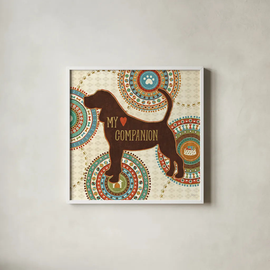 Dogs Life III by Veronique Charron. Shown in a crisp white glass frame for a clean and minimalist style. Available as an archival giclee rolled canvas, fine art paper, or poster print. SKU 24755a.