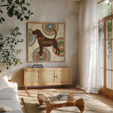 Dogs Life III by Veronique Charron. Shown in a natural wood frame in a cozy modern living room. Available as an archival giclee rolled canvas, fine art paper, or poster print. SKU 24755a.