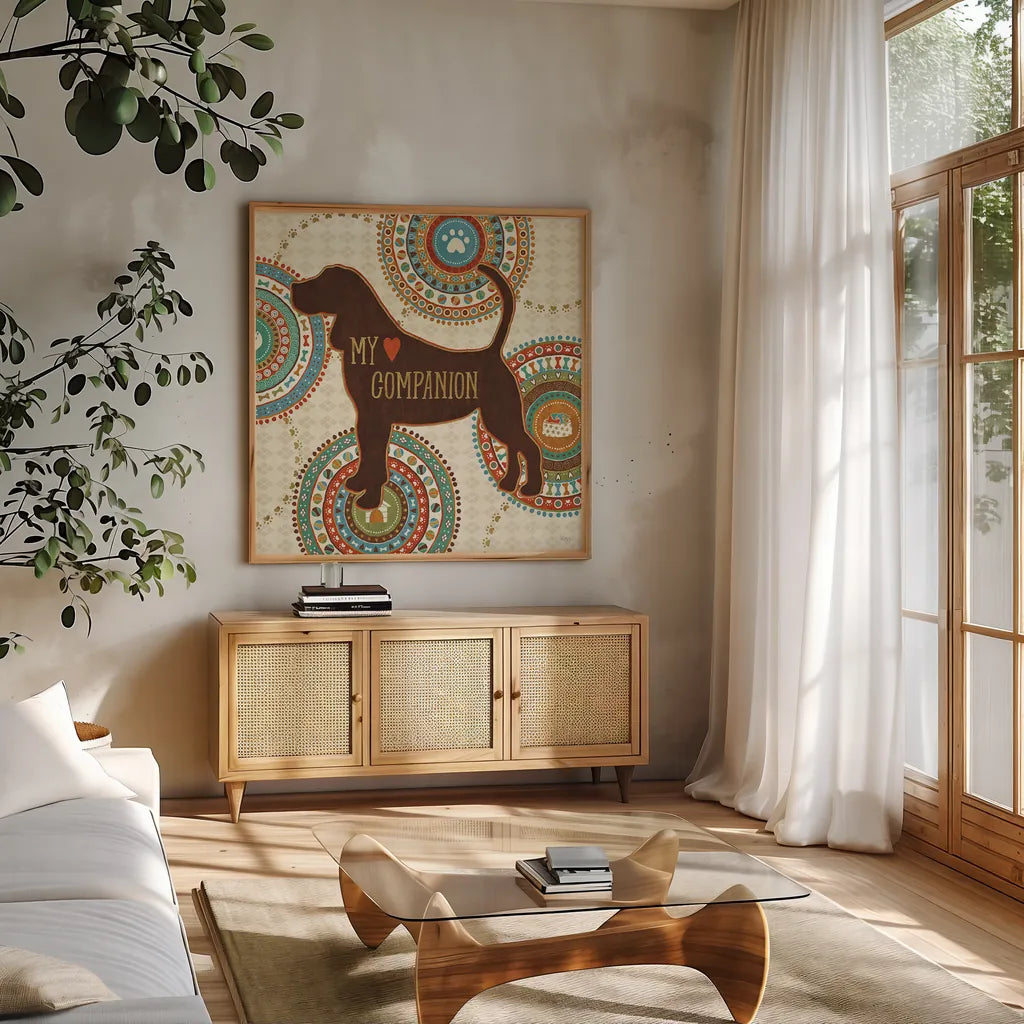 Dogs Life III by Veronique Charron. Shown in a natural wood frame in a cozy modern living room. Available as an archival giclee rolled canvas, fine art paper, or poster print. SKU 24755a.