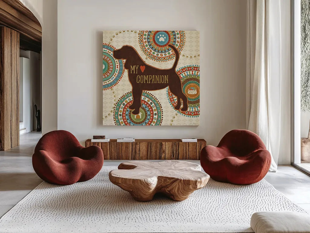 Dogs Life III by Veronique Charron. Shown as extra-large giant wall art in a modern living room. Available as an archival giclee rolled canvas, fine art paper, or poster print. SKU 24755a.