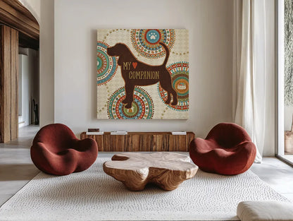 Dogs Life III by Veronique Charron. Shown as extra-large giant wall art in a modern living room. Available as an archival giclee rolled canvas, fine art paper, or poster print. SKU 24755a.