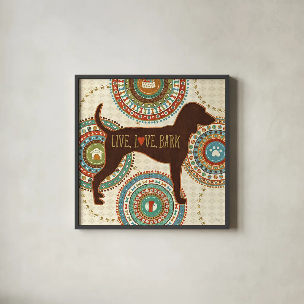 Dogs Life IV by Veronique Charron. Shown in a sleek black glass frame for a contemporary gallery look. Available as an archival giclee rolled canvas, fine art paper, or poster print. SKU 24756a.