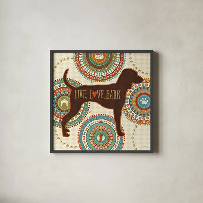 Dogs Life IV by Veronique Charron. Shown in a sleek black glass frame for a contemporary gallery look. Available as an archival giclee rolled canvas, fine art paper, or poster print. SKU 24756a.