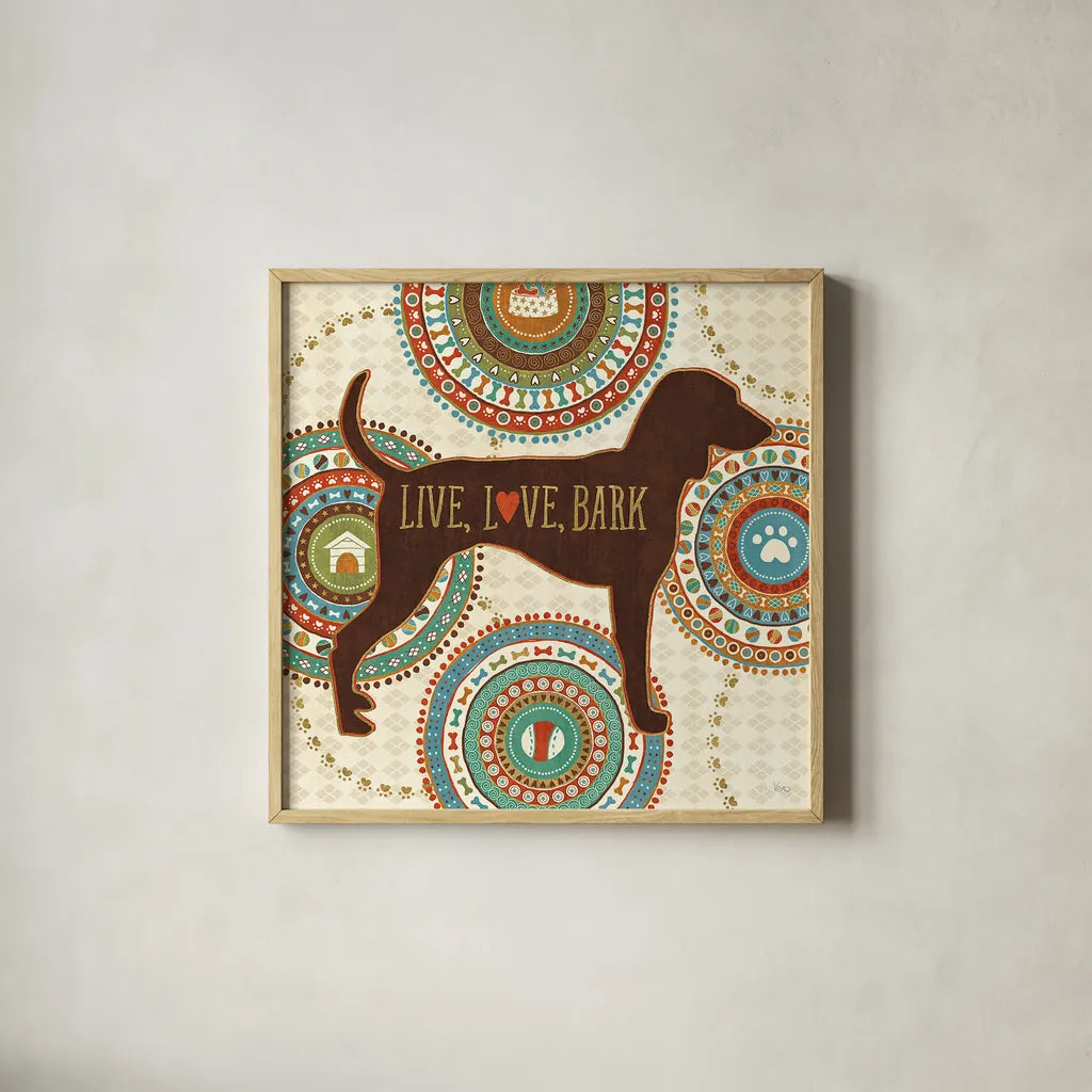 Dogs Life IV by Veronique Charron. Shown in a natural wood glass frame for a timeless modern aesthetic. Available as an archival giclee rolled canvas, fine art paper, or poster print. SKU 24756a.